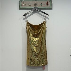 MICAS Cowlneck Gold Mini Slip Dress women’s size large new w tags